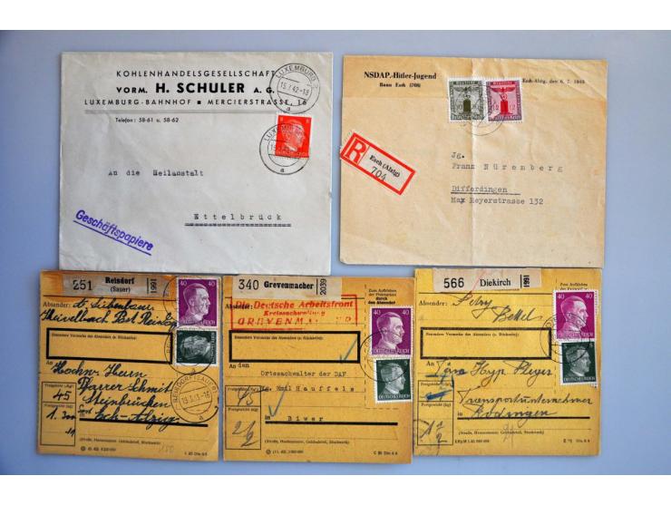 bezetting Luxemburg WO II, collectie met Reich zegels zonder en met opdruk Luxemburg gebruikt in Luxemburg, w.b. treinafstemp