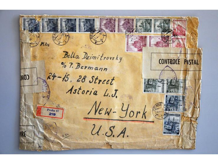 ca. 120 post(waarde)stukken 1939-1945 w.b. aangetekend, veldpost, brief naar de USA 9.VIII.39 met 37 zegels etc. in doosje