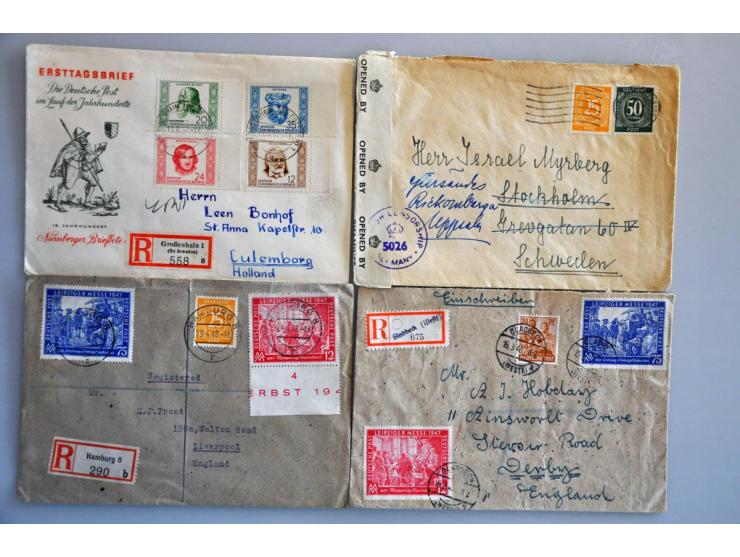 ca. 400 post(waarde)stukken Amerikaanse, Britse, Franse en Russische zone w.b. veel censuur in doosje