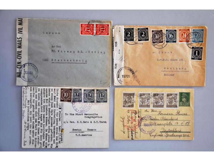 ca. 400 post(waarde)stukken Amerikaanse, Britse, Franse en Russische zone w.b. veel censuur in doosje