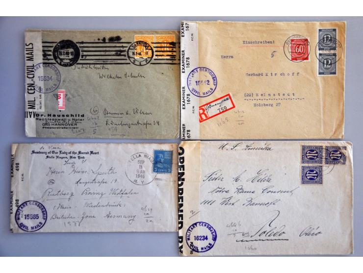 ca. 400 post(waarde)stukken Amerikaanse, Britse, Franse en Russische zone w.b. veel censuur in doosje