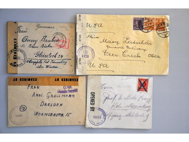 ca. 400 post(waarde)stukken Amerikaanse, Britse, Franse en Russische zone w.b. veel censuur in doosje