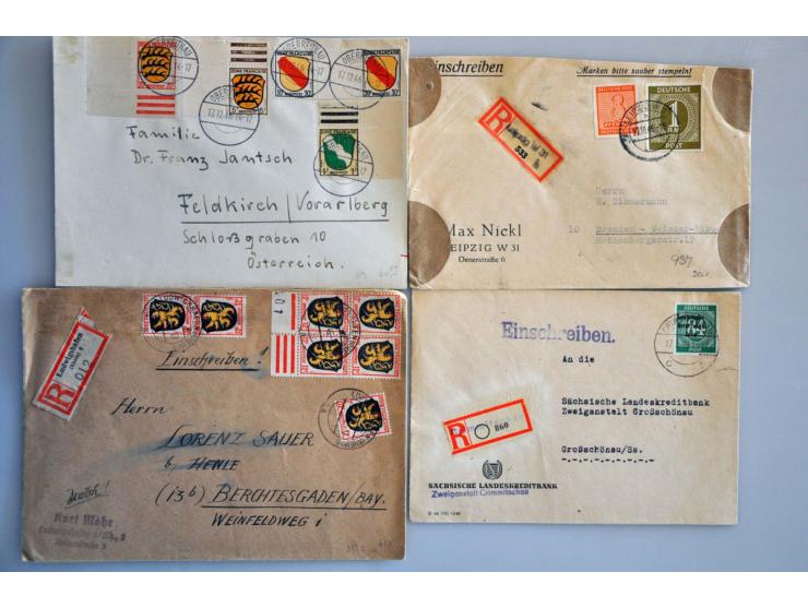 ca. 400 post(waarde)stukken Amerikaanse, Britse, Franse en Russische zone w.b. veel censuur in doosje