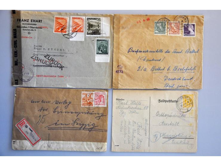 ca. 400 post(waarde)stukken Amerikaanse, Britse, Franse en Russische zone w.b. veel censuur in doosje