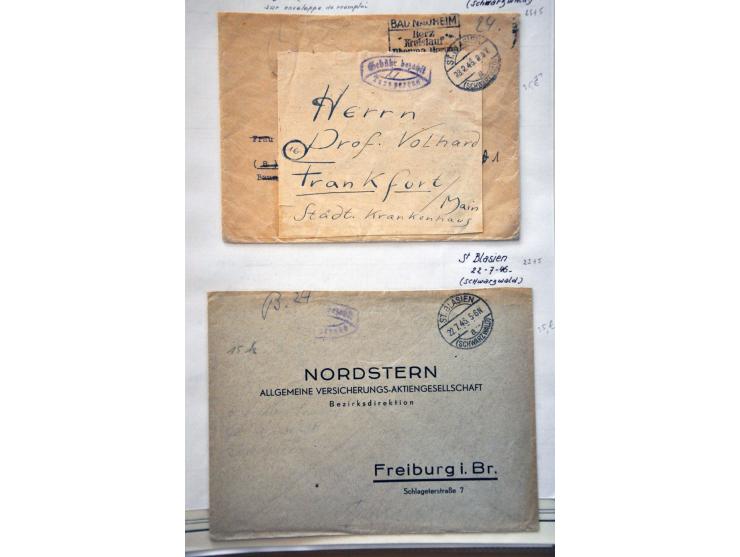 ruim 100 post(waarde)stukken 1945-1946 w.b. Gebühr bezahlt en Taxe Percue, Notausgaben, iets aangetekend etc. in doosje