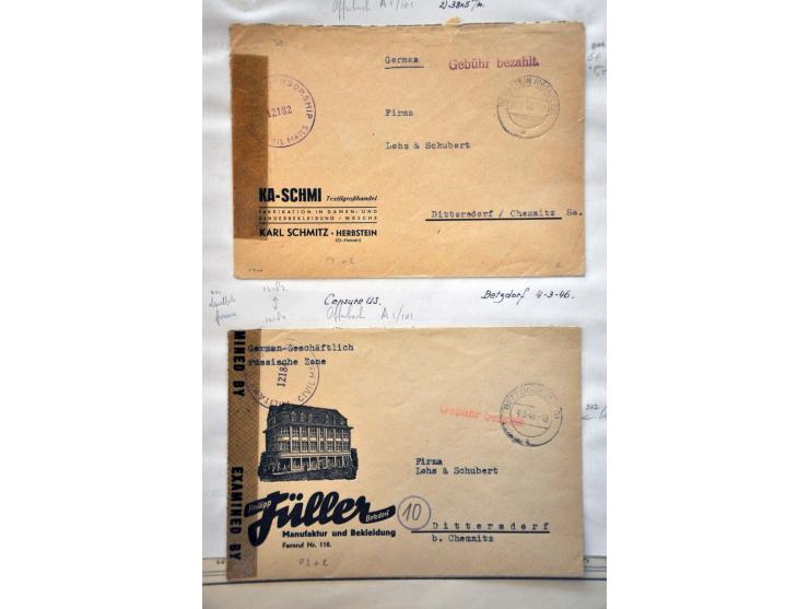 ruim 100 post(waarde)stukken 1945-1946 w.b. Gebühr bezahlt en Taxe Percue, Notausgaben, iets aangetekend etc. in doosje