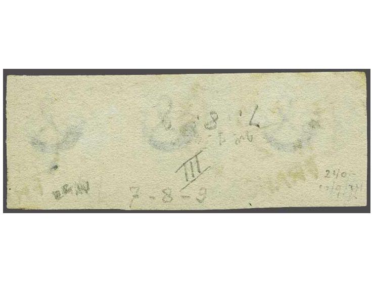 5 cent blauw plaat III pos. 7-9 in strip van 3, pracht ex.