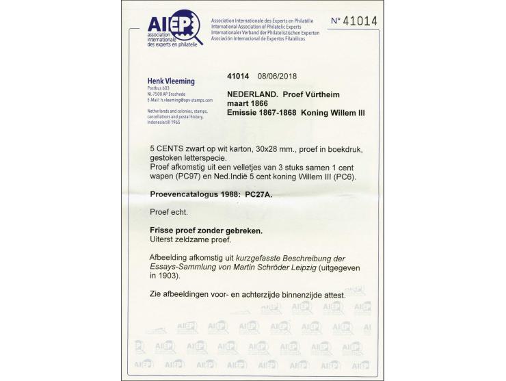 Afgekeurde proef in boekdruk 5 cents zwart op wit karton door J. Vürtheim, pracht ex. met certificaat Vleeming 2018. Deze uit