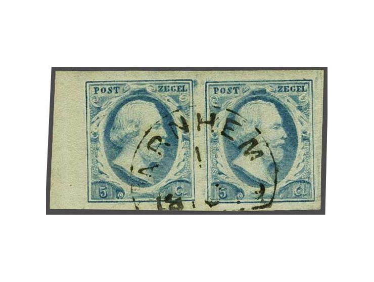 5 cent blauw plaat IV pos. 31-32 in paar met velrand, pracht ex.