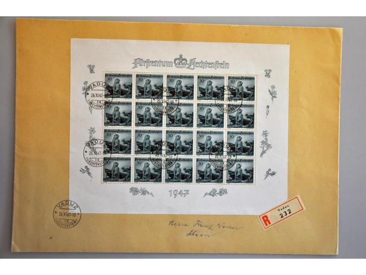 poststukken collectie w.b. enkele voorlopers, betere fdc's, dienst, etc. en Alpendieren 1947 in velletjes van 20 in 2 albums 