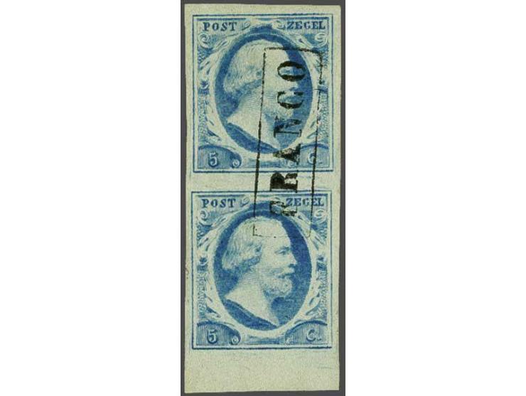 5 cent blauw plaat V pos. 44/49 in verticaal paar met velrand, pracht ex.