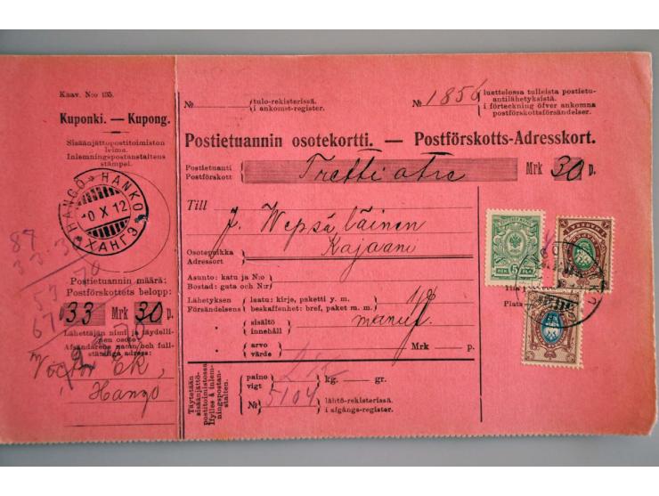 collectie van ca. 115 poststukken ca. 1890-1915 w.b. aangetekend, pakketkaarten, stempels etc. in ordner. Tevens zegels w.b. 