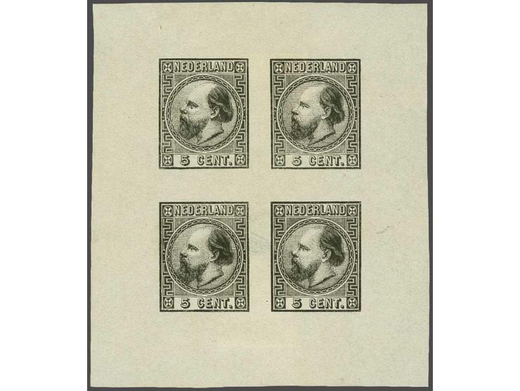 Kleurproef van Oscar Berger-Levrault 5 cent zwart op chamois papier in compleet velletje van 4 ex., pracht ex. met certificaa