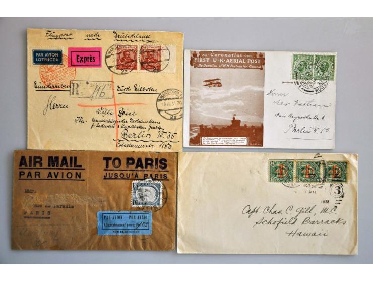 ca. 280 luchtpostbrieven w.b. kaarten Franse vluchten vanaf 1910, Hongarije, België, Duitsland, Scadta etc. in doosje
