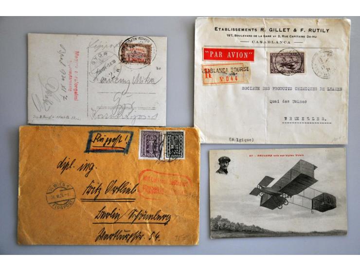 ca. 280 luchtpostbrieven w.b. kaarten Franse vluchten vanaf 1910, Hongarije, België, Duitsland, Scadta etc. in doosje
