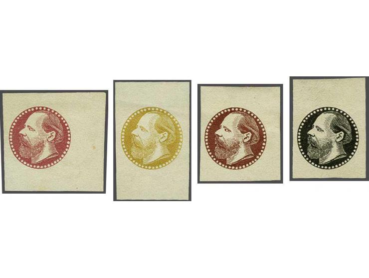 Gravure van een los koningskopje met parelrand door de Firma Schmidlin te Haarlem in zwart, lilarood, oker en bruin, (vrijwel