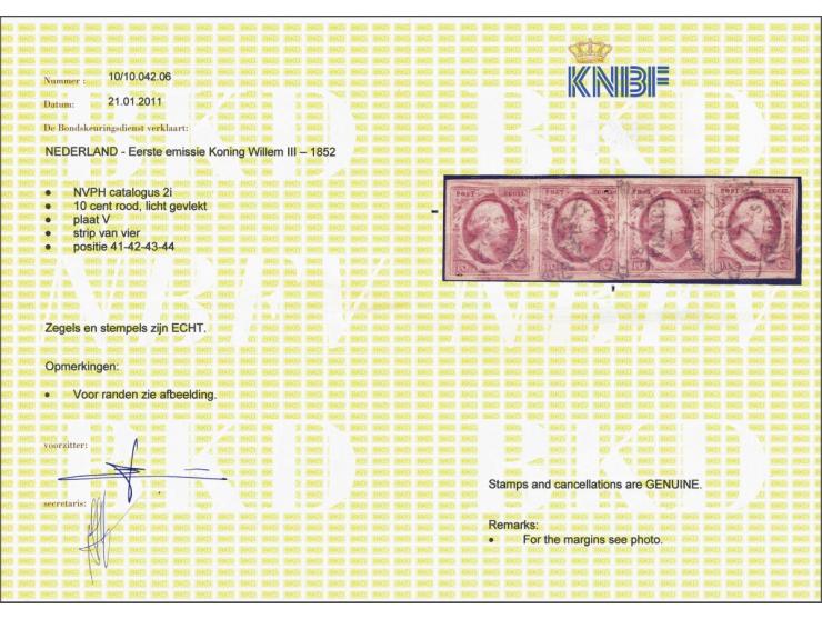 10 cent dofrood plaat V pos. 41-44 in strip van 4, pracht ex. met certificaat Ned. Bond 2011