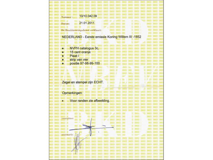15 cent oranje pos. 97-100 in strip van 4, pracht ex. met certificaat Ned. Bond 2011