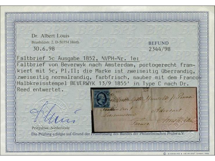 Beverwyk C (Ey 200) op 5 cent blauw plaat II op kleinformaat vouwbrief 13-9-1855 naar Amsterdam, pracht ex. met certificaat D