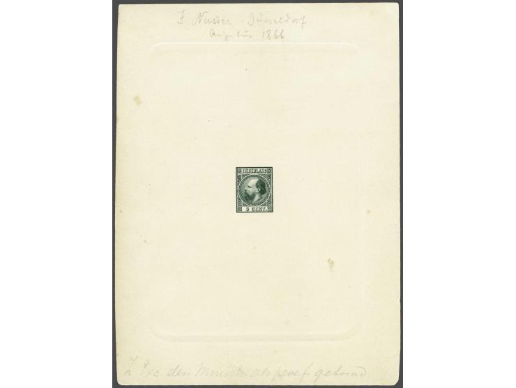 Goedgekeurde stempelproef 5 cent type I in groen op wit karton met aan 4 zijden verhoogde randen van 135x180 mm, pracht ex. (