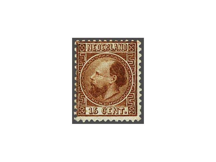 15 cent oranjebruin type I tanding 12¾ x 11¾, pracht ex. met certificaat Vleeming 2018: Zegel en tanding echt, gom origineel 