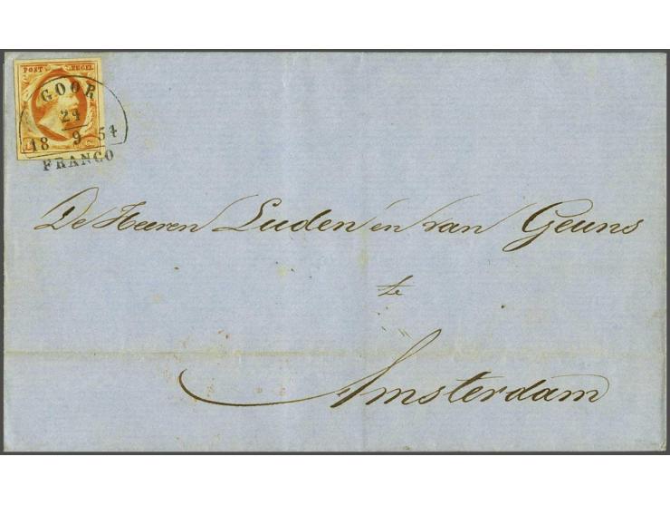 Goor B (Ey 175) op 15 cent donkeroranje pos. 85 op briefomslag 24-9-1854 naar Amsterdam, pracht ex. (omslag archiefvouwtje). 