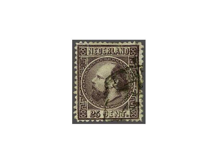 25 cent donkerviolet type II tanding 14 kleine gaten met deel franco-takjestempel Rotterdam, pracht ex. met certificaat Vleem