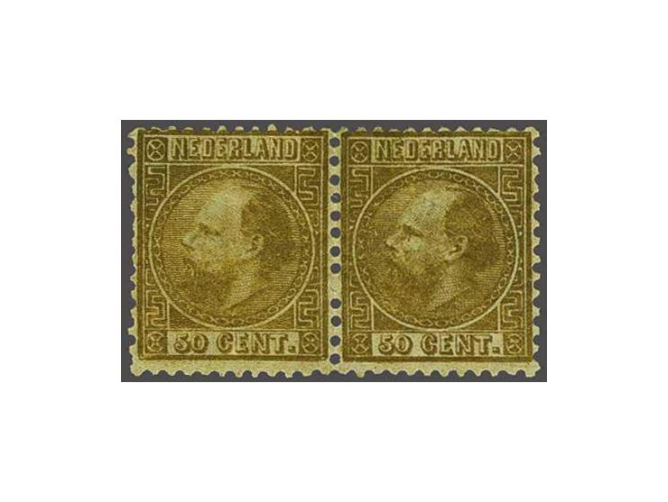 50 cent goudkleur type I tanding 12¾ x 11¾ in paar, pracht ex. met certificaat Vleeming 2018: Zegels in paar en tanding echt,