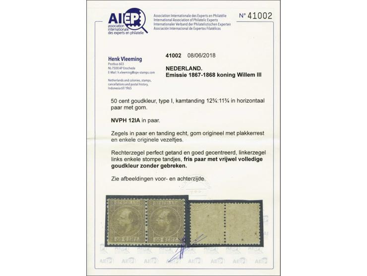 50 cent goudkleur type I tanding 12¾ x 11¾ in paar, pracht ex. met certificaat Vleeming 2018: Zegels in paar en tanding echt,