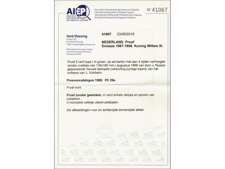 Goedgekeurde stempelproef 5 cent type I in groen op wit karton met aan 4 zijden verhoogde randen van 135x180 mm, pracht ex. (