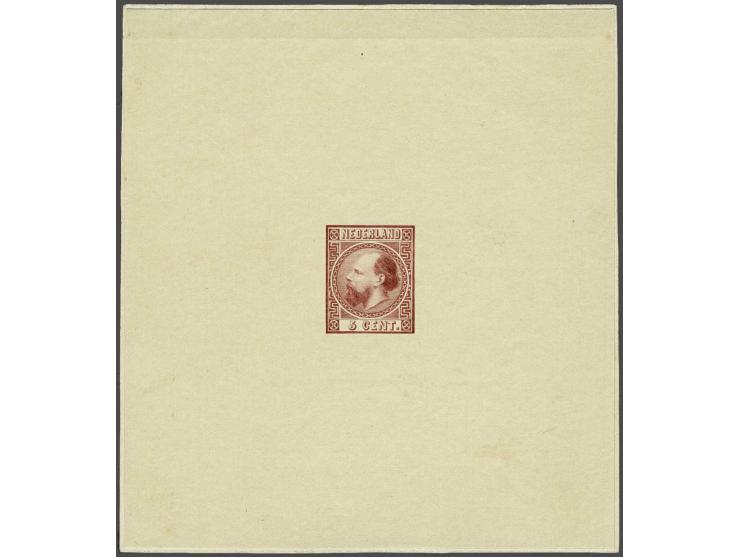 Goedgekeurde stempelproef 5 cent type I in donkerkarmijn op wit perkament papier in compleet velletje van 97x105 mm, pracht e
