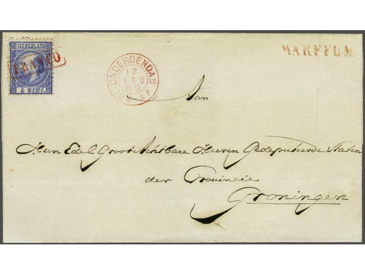 5 cent blauw type II tanding 12¾ x 11¾ met franco-kastjestempel in rood op briefomslag van Warffum (langstempel in rood) via 