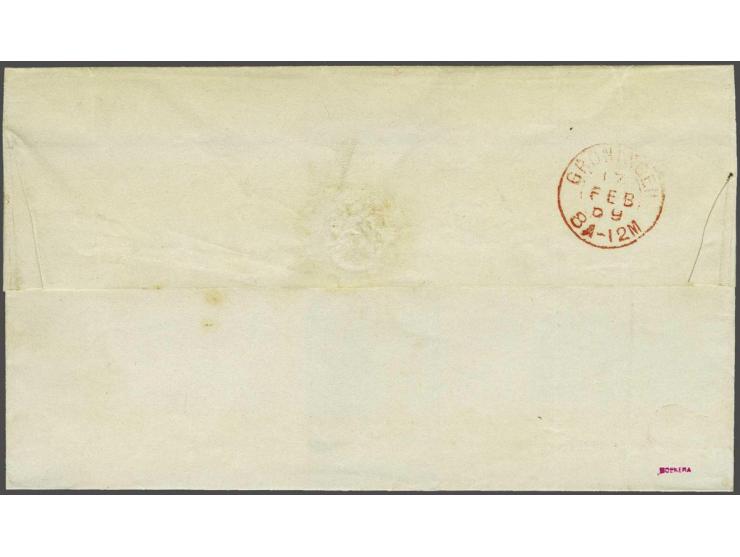 5 cent blauw type II tanding 12¾ x 11¾ met franco-kastjestempel in rood op briefomslag van Warffum (langstempel in rood) via 