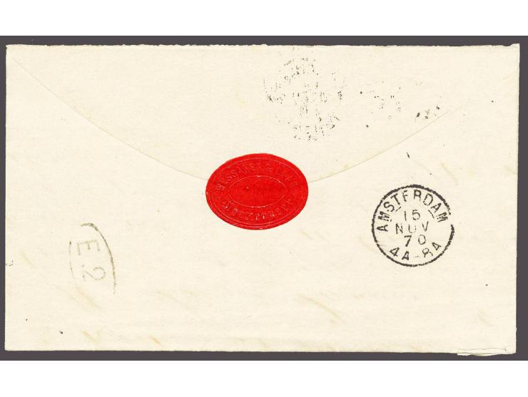 5 cent blauw type II tanding 13¼ x 14 kleine gaten op envelop van Wormerveer 15-11-1870 naar Amsterdam beport met 5 cent brui