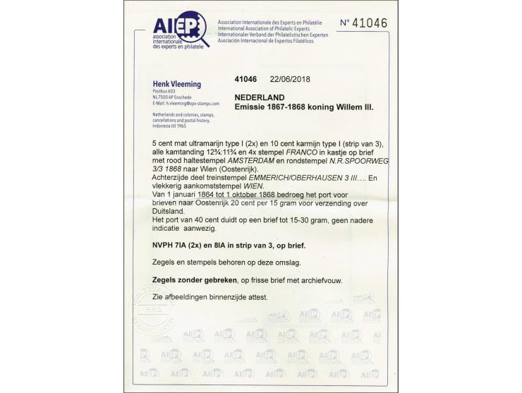 5 cent blauw type I tanding 12¾ x 11¾ (2x) en 10 cent karmijn type I tanding 12¾ x 11¾ in strip van 3 op vouwbrief van Amster
