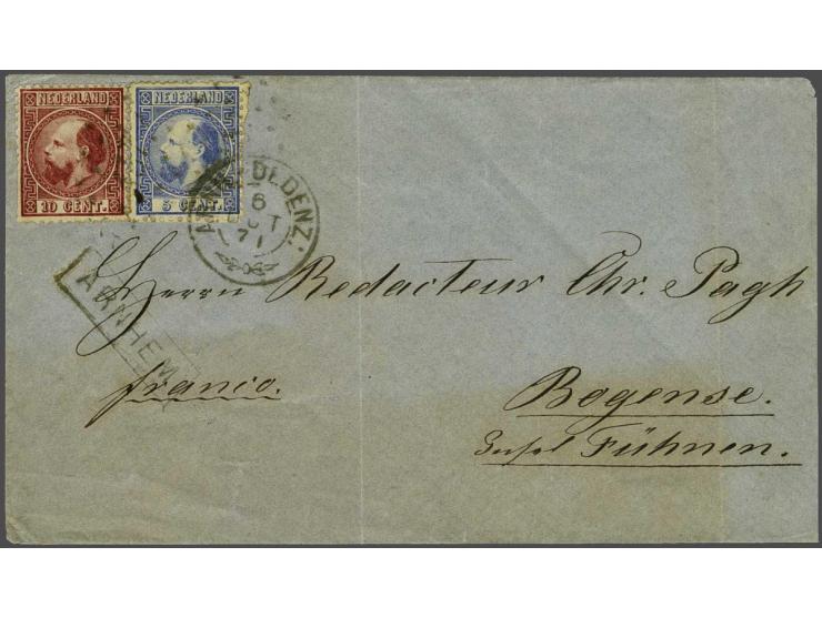 5 cent blauw type II tanding 13¼ kleine gaten en 10 cent karmijn type II tanding 13¼ kleine gaten op envelop van Arnhem 6-10-