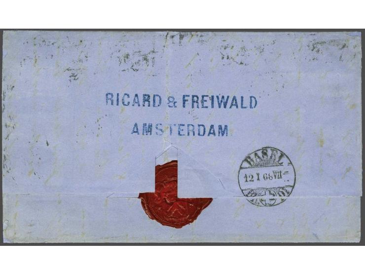 5 cent blauw type I tanding 12¾ x 11¾, 20 cent groen type I tanding 12¾ x 11¾, emissie Rijkswapen 1 cent zwart tanding 14 kle