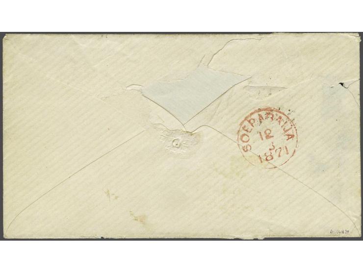 5 cent blauw type II tanding 13½ kleine gaten en 50 cent goudkleur type I tanding 12¾ x 11¾ op envelop met geschreven Pr Over