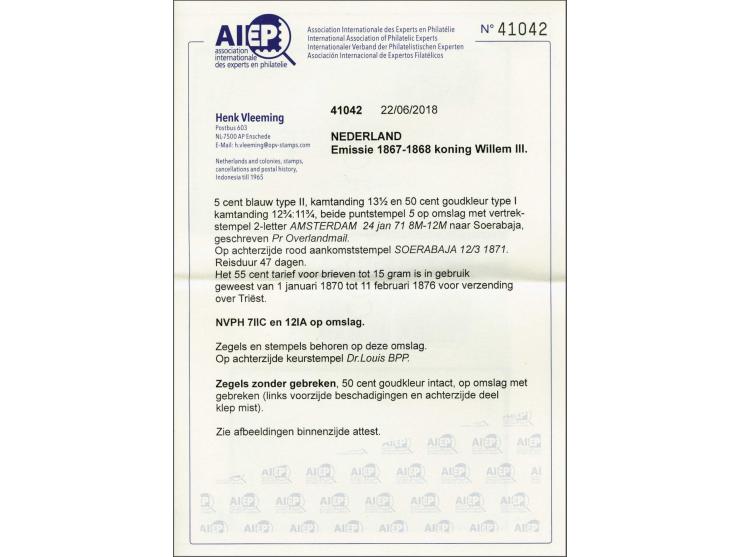 5 cent blauw type II tanding 13½ kleine gaten en 50 cent goudkleur type I tanding 12¾ x 11¾ op envelop met geschreven Pr Over