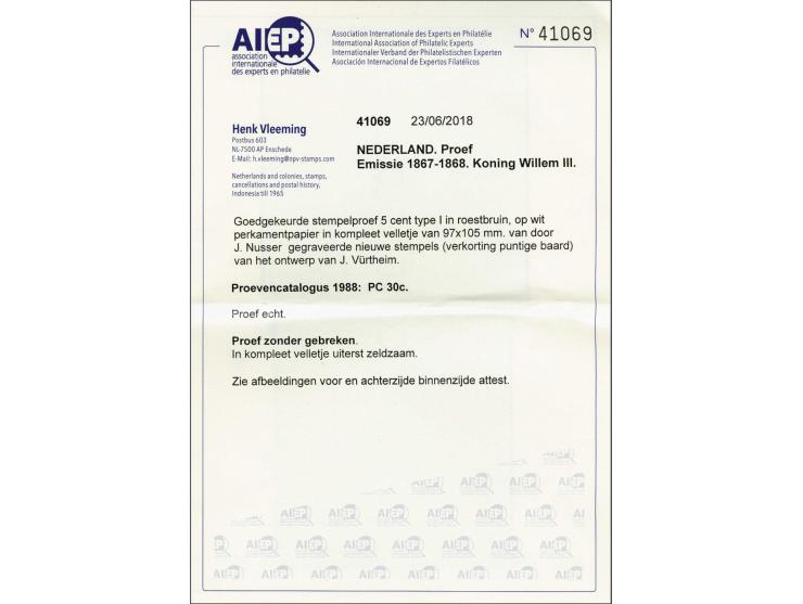 Goedgekeurde stempelproef 5 cent type I in roestbruin op wit perkament papier in compleet velletje van 97x105 mm, pracht ex. 