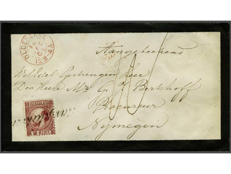 10 cent karmijn type I tanding 12¾ x 11¾ op aangetekende envelop (zegel met cursief stempel ontwaard) met geschreven 10 van O