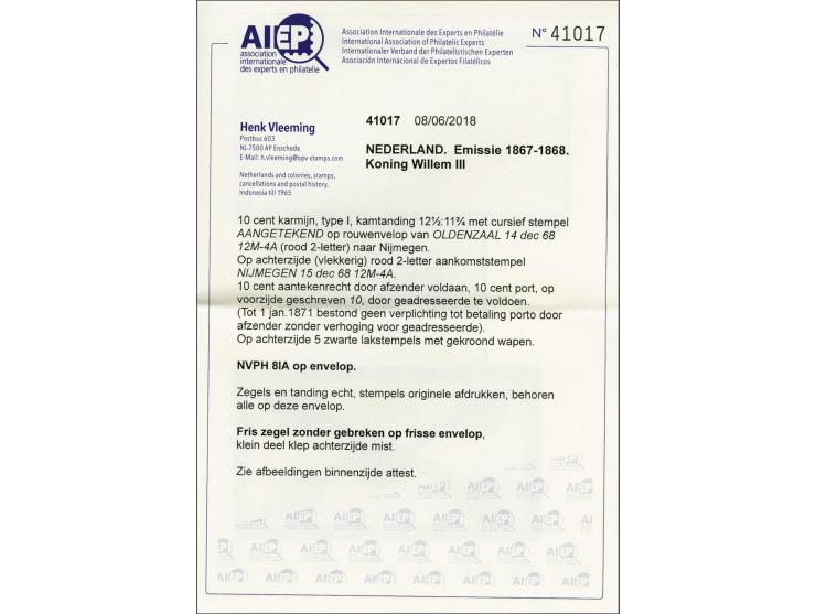 10 cent karmijn type I tanding 12¾ x 11¾ op aangetekende envelop (zegel met cursief stempel ontwaard) met geschreven 10 van O