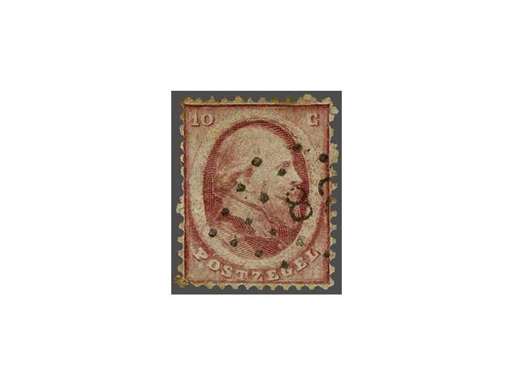 82 - Nijmegen - deels op emissie 1864 10 cent, fraai ex. (gerepareerd en deels getint). Enig bekende afdruk van dit stempel o