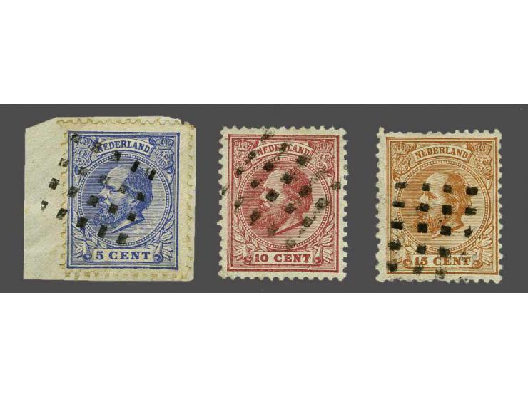 Stom puntstempel gebruikt te Herveld op Willem III 5, 10 en 15 cent, nr. 19 pracht ex.. nrs. 21 en 23 fraaie ex. (beide tandj