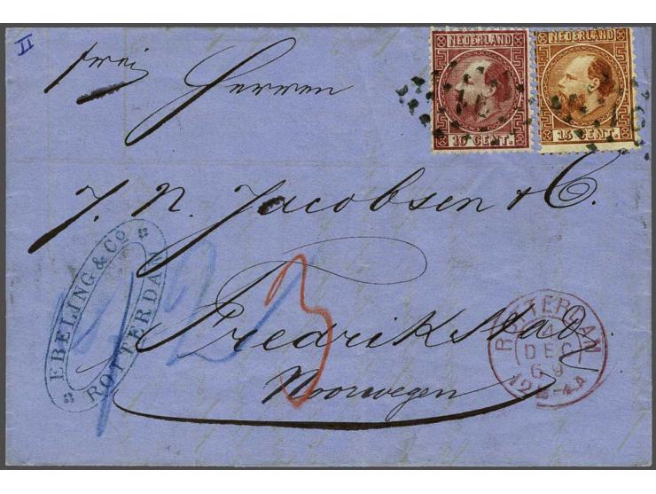 10 cent karmijn type II tanding 12¾ x 11¾ en 15 cent oranjebruin type I tanding 12¾ x 11¾ op vouwbrief van Rotterdam 4-12-186