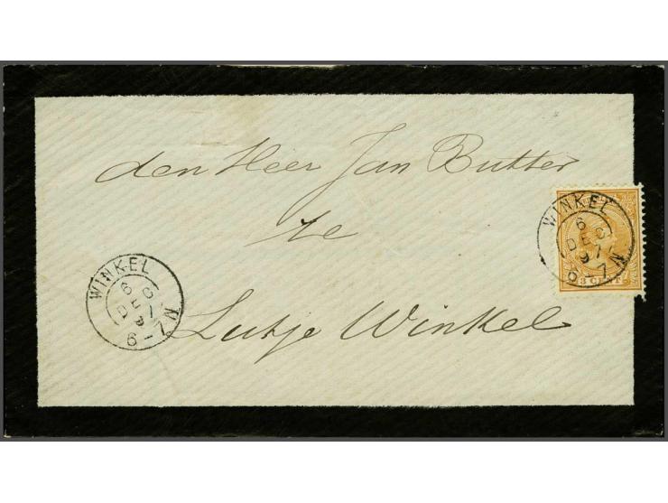 Winkel mooie afdruk op Hangend Haar 3 cent oranje op rouw envelop verstuurd naar Lutje Winkel, pracht ex.