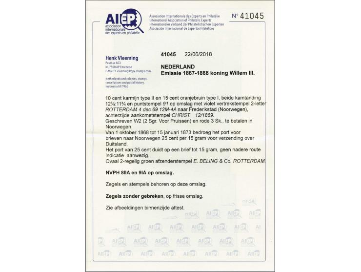 10 cent karmijn type II tanding 12¾ x 11¾ en 15 cent oranjebruin type I tanding 12¾ x 11¾ op vouwbrief van Rotterdam 4-12-186