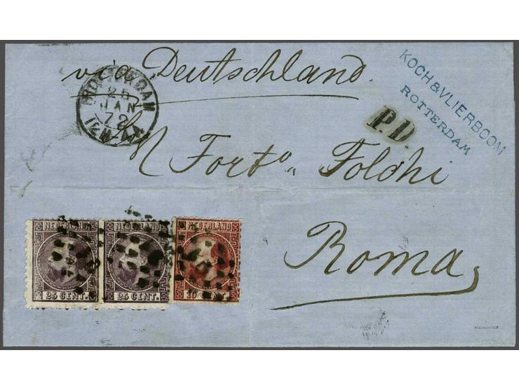 10 cent karmijn type II tanding 13½ kleine gaten en 25 cent donkerviolet type I tanding 12¾ x 11¾ op briefomslag van Rotterda