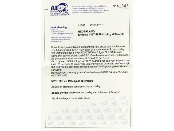 10 cent karmijn type II tanding 13½ kleine gaten en 25 cent donkerviolet type I tanding 12¾ x 11¾ op briefomslag van Rotterda