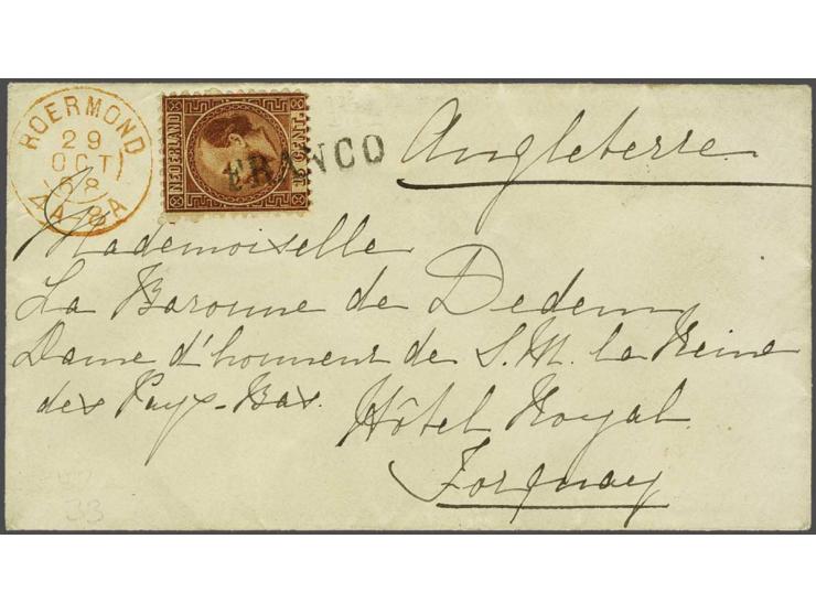 15 cent oranjebruin type I tanding 12¾ x 11¾ grote gaten met afstempeling franco zonder kastje op kleinformaat envelop van Ro